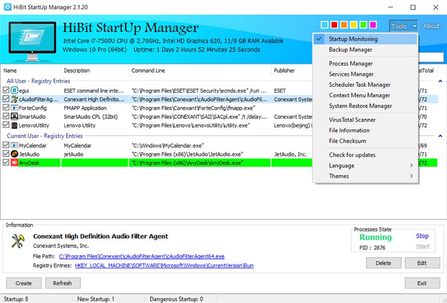 Меню Tools в HiBit Startup Manager с доступом к Startup Monitoring, Backup Manager, Process Manager, Services Manager и другим инструментам