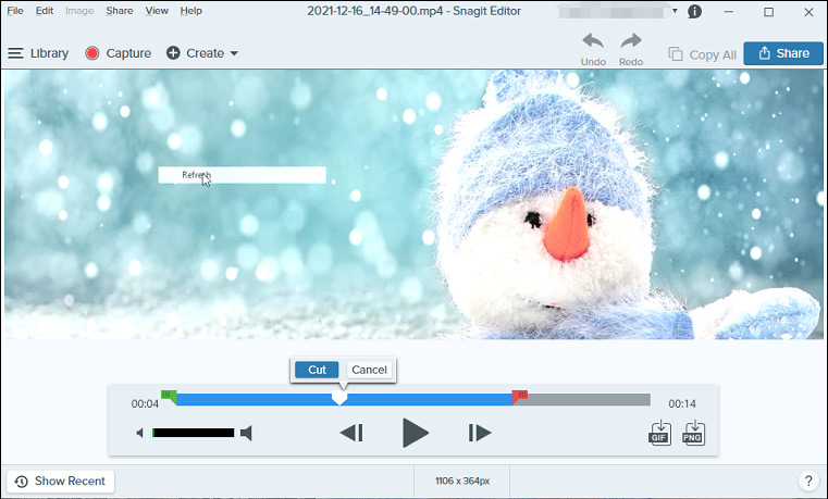 Snagit Editor: видеоклип на шкале времени и инструменты обрезки