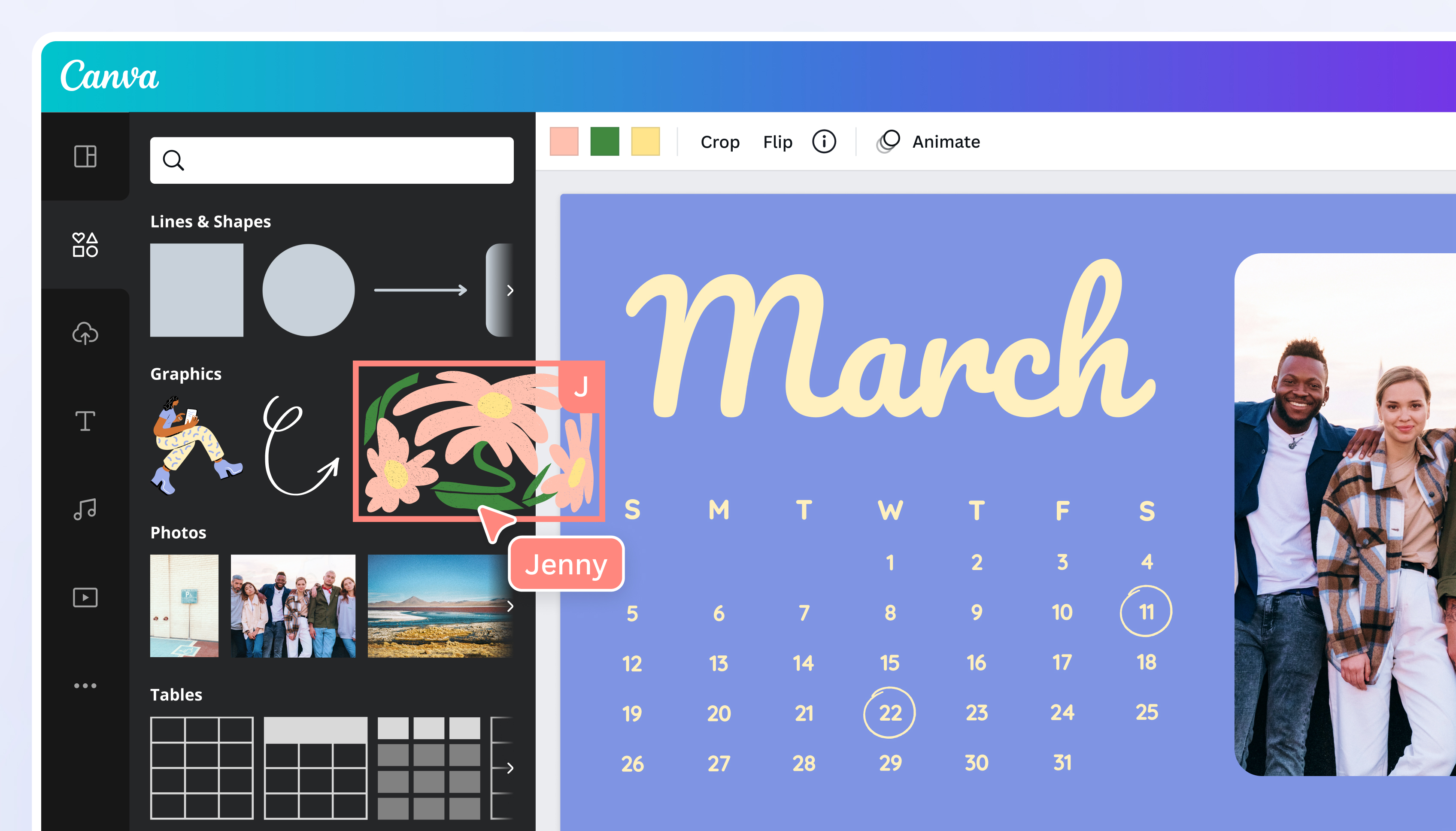 Редактор календаря Canva с шаблоном и панелью элементов