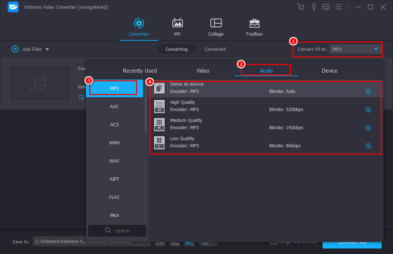 Vidmore Video Converter: выбор MP3 и профиля битрейта