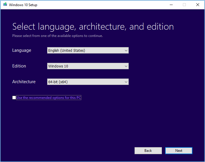 Выбор языка редакции и архитектуры Windows 10 в Media Creation Tool