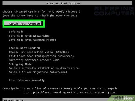 Пункт Repair Your Computer в Advanced Boot Options Windows 7 на Dell