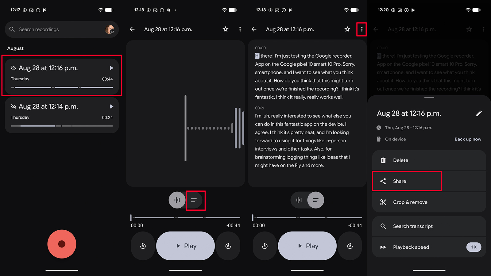Транскрипт и меню записи в Google Recorder на Pixel