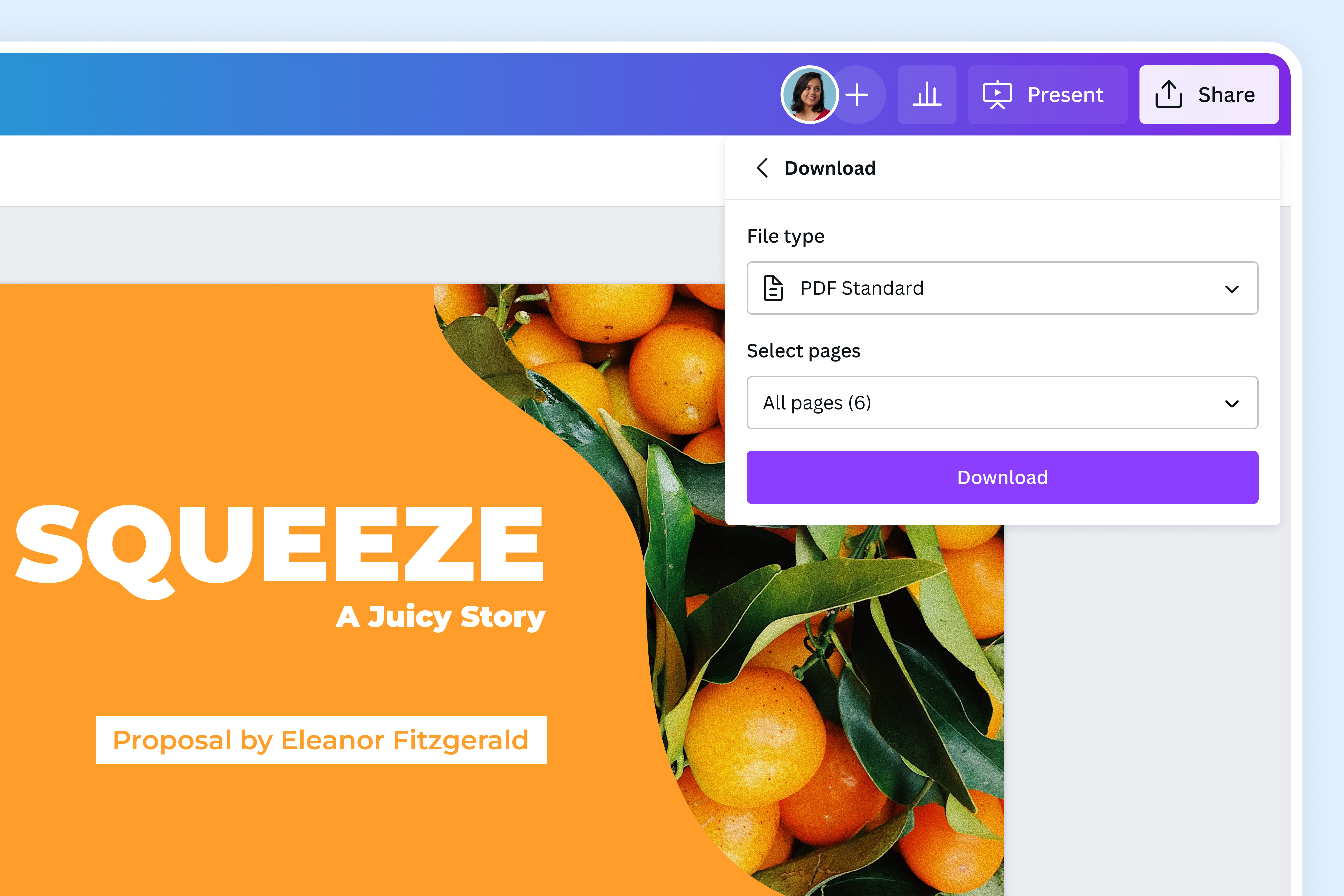 Canva: выбор PDF Standard и страниц перед скачиванием презентации