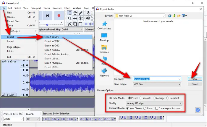 Экспорт MP3 в Audacity
