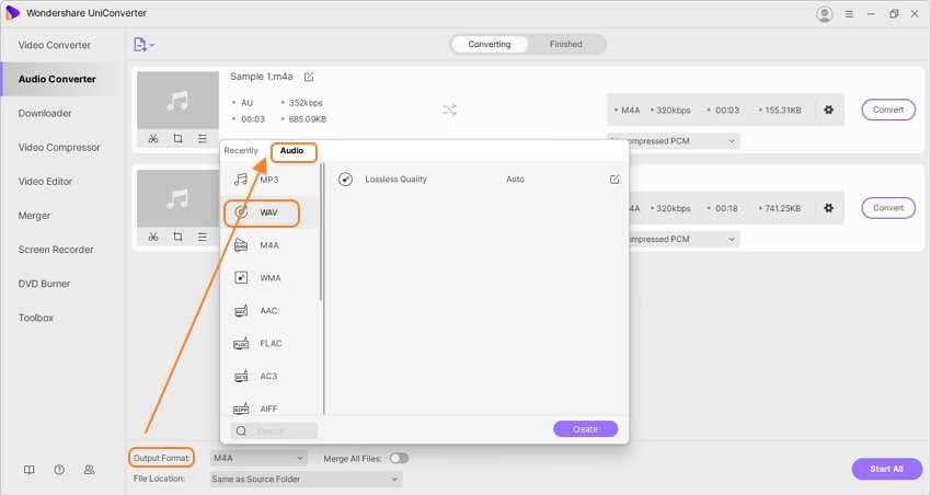 Wondershare UniConverter: выбор WAV как целевого аудиоформата