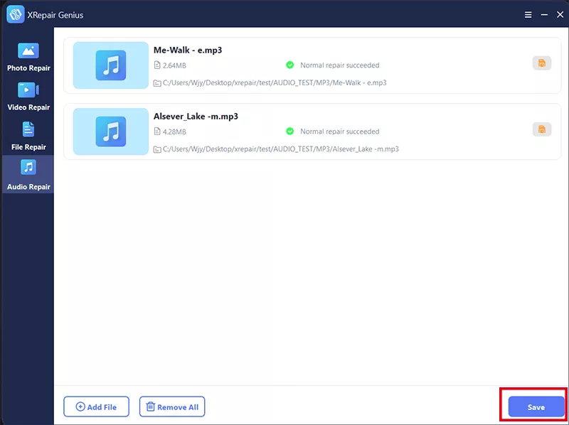 Сохранение результата ремонта аудио в iSunshare XRepair Genius
