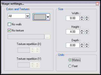 Окно Stage settings Magic 3D Easy View с Width, Height, Depth и настройками текстур