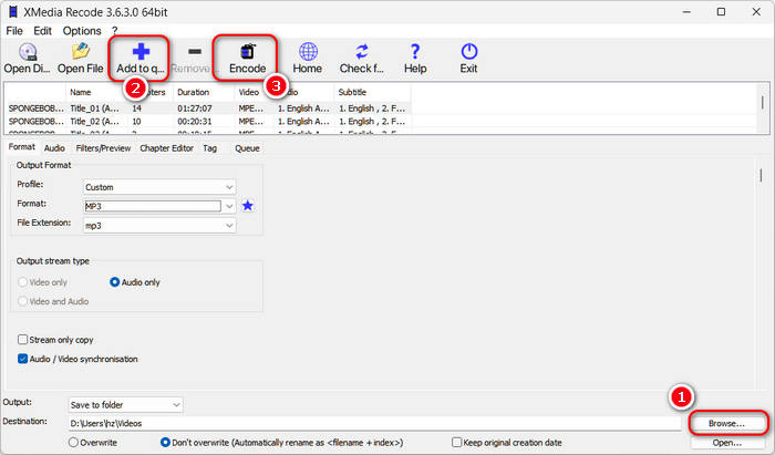 Интерфейс XMedia Recode с режимом Audio only и форматом MP3