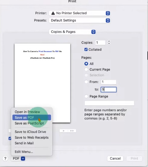 Стандартное окно печати macOS с командой Save as PDF