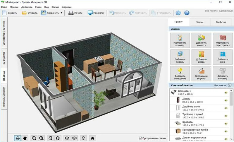 Интерфейс Дизайн Интерьера 3D с трехмерным видом комнаты и панелью добавления объектов