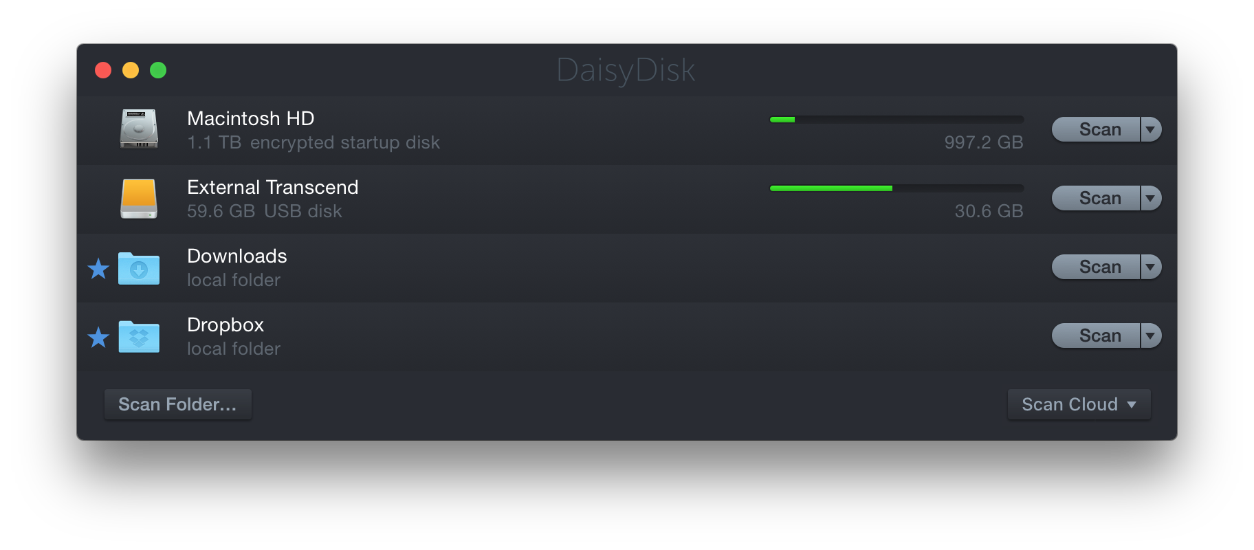 Окно DaisyDisk со списком дисков, кнопками Scan, Scan Folder и Scan Cloud