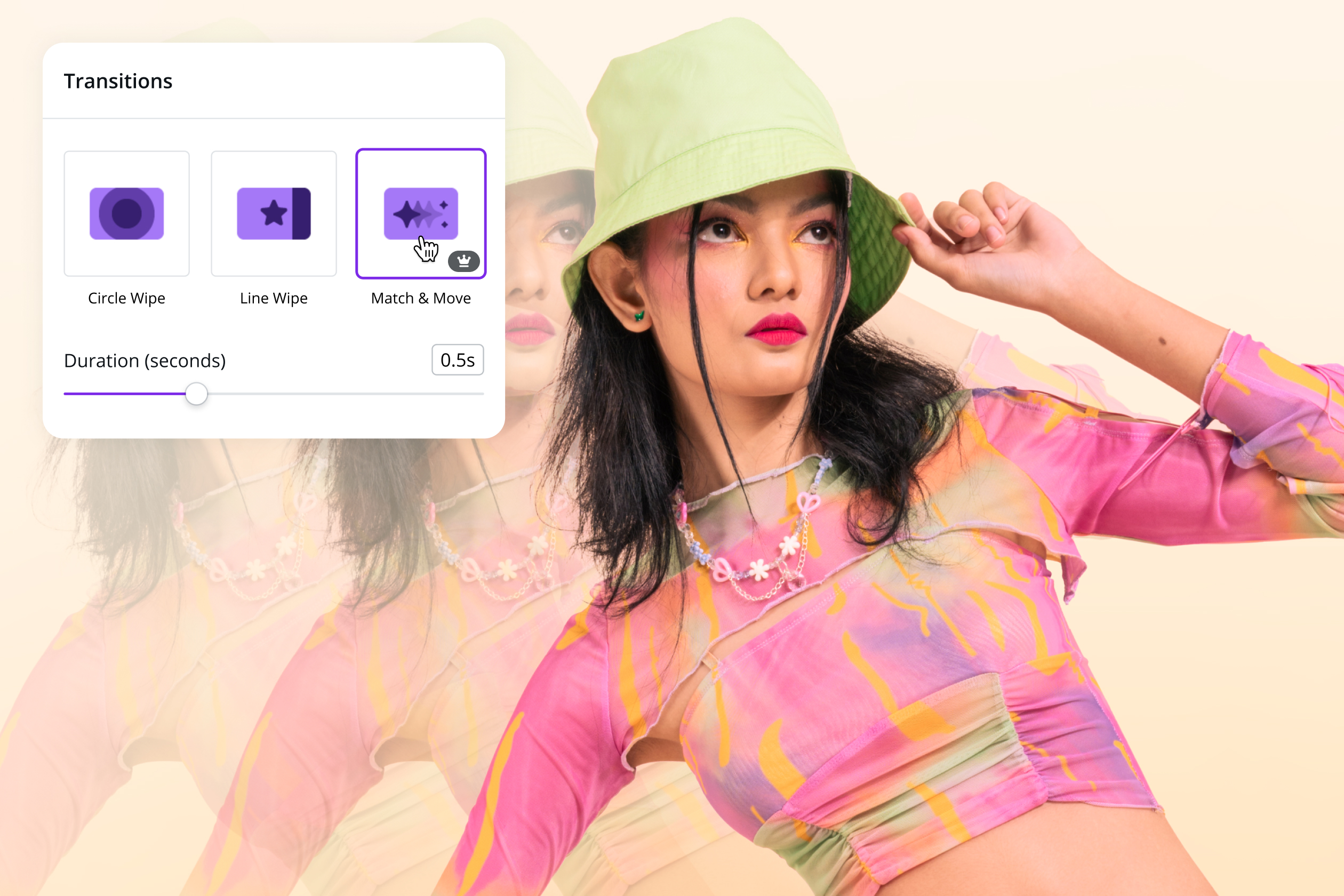 Панель Transitions с настройкой длительности в Canva