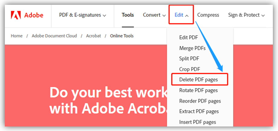 Инструмент удаления страниц Adobe Acrobat в браузере