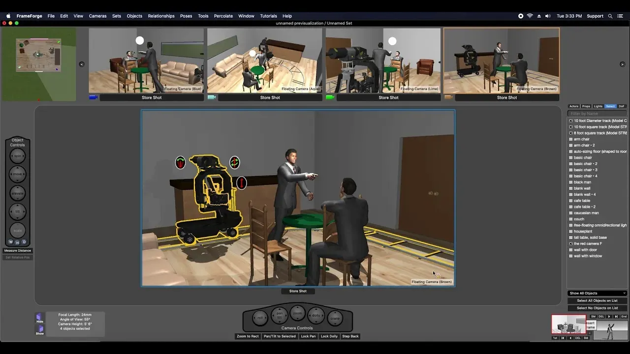 Интерфейс FrameForge с 3D-сценой и виртуальной камерой