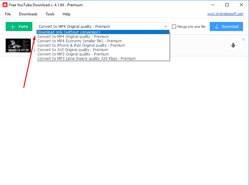 Режим исходного качества и чекбокс Merge into one file в Free YouTube Download