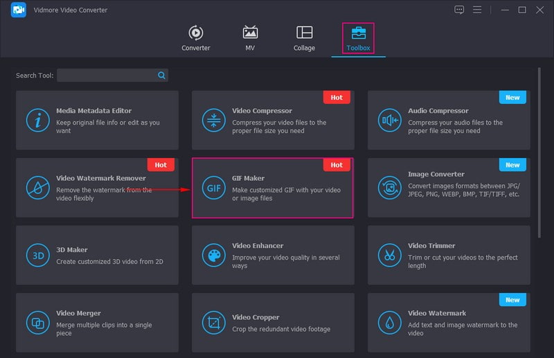 Выбор GIF Maker в разделе Toolbox программы Vidmore Video Converter