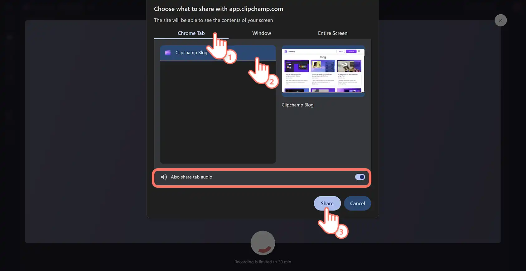 Выбор вкладки браузера и переключатель передачи звука в Clipchamp