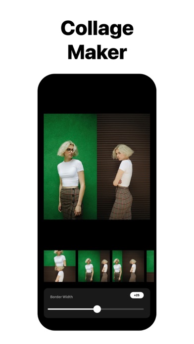 Экран Instasize Collage Maker с двумя изображениями, нижней лентой миниатюр и настройкой Border Width