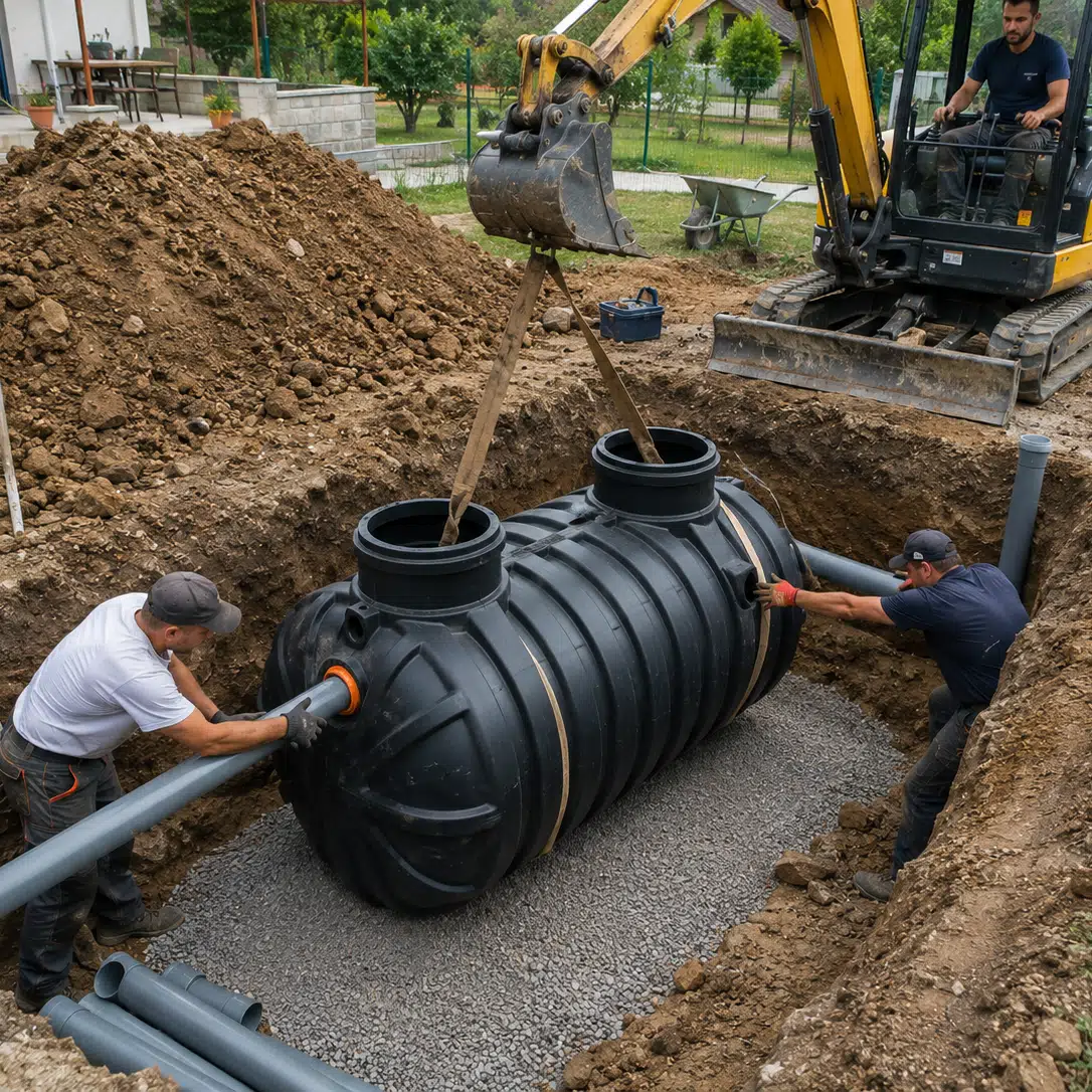 Монтаж заводской пластиковой емкости автономной канализации на подготовленное основание