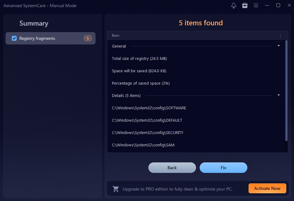 Отдельный результат Registry Defrag в Advanced SystemCare