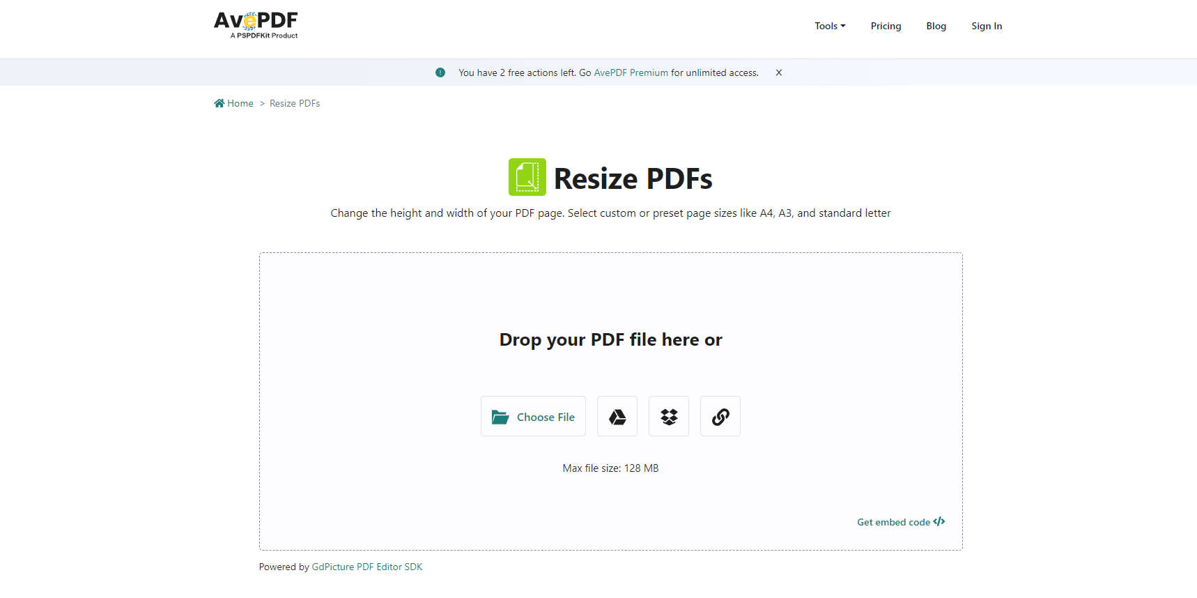 Интерфейс AvePDF для изменения размера страниц