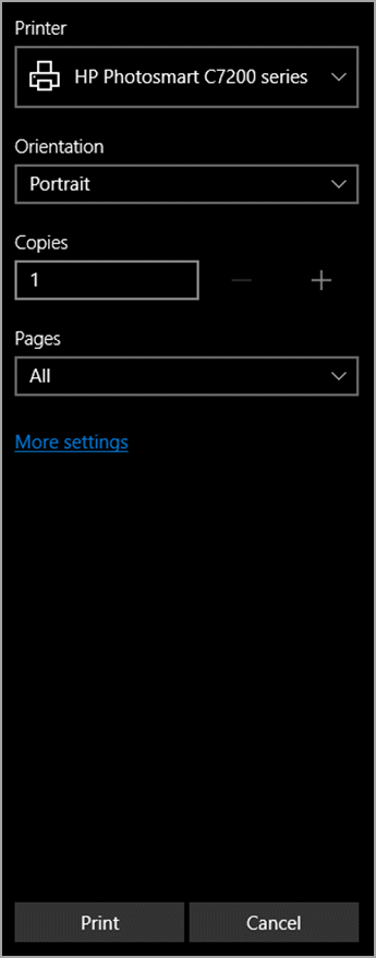 Параметры принтера, ориентации, копий и страниц в Microsoft Edge