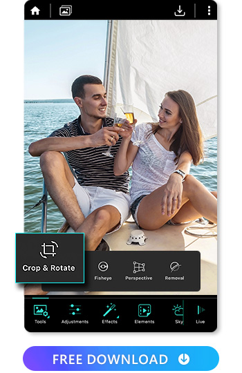 Мобильный интерфейс PhotoDirector с меню Tools и пунктом Crop & Rotate