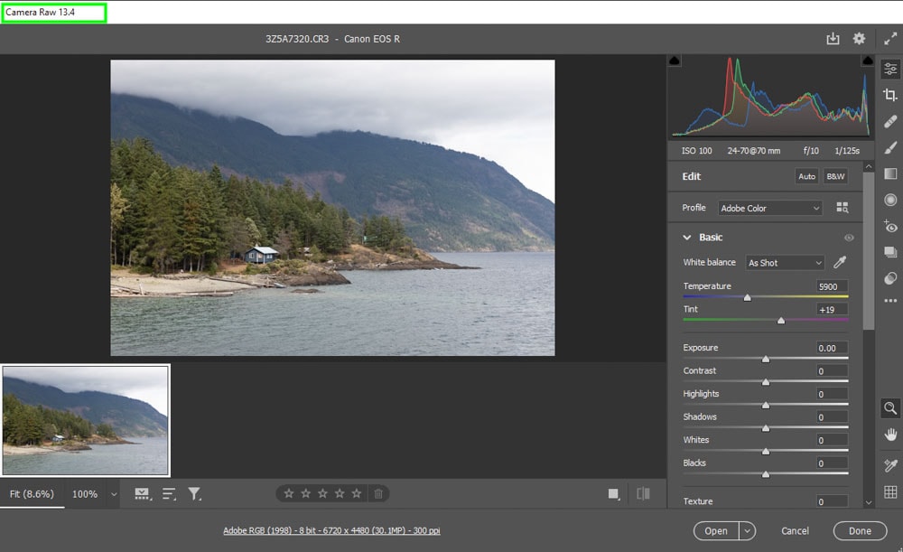CR3 открыт в Adobe Camera Raw