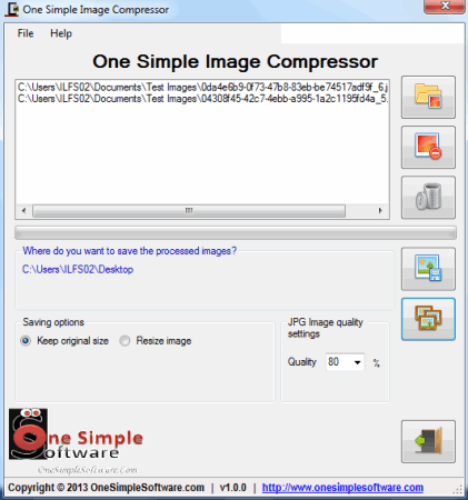 Выбор папки результата и качество JPG в One Simple Image Compressor