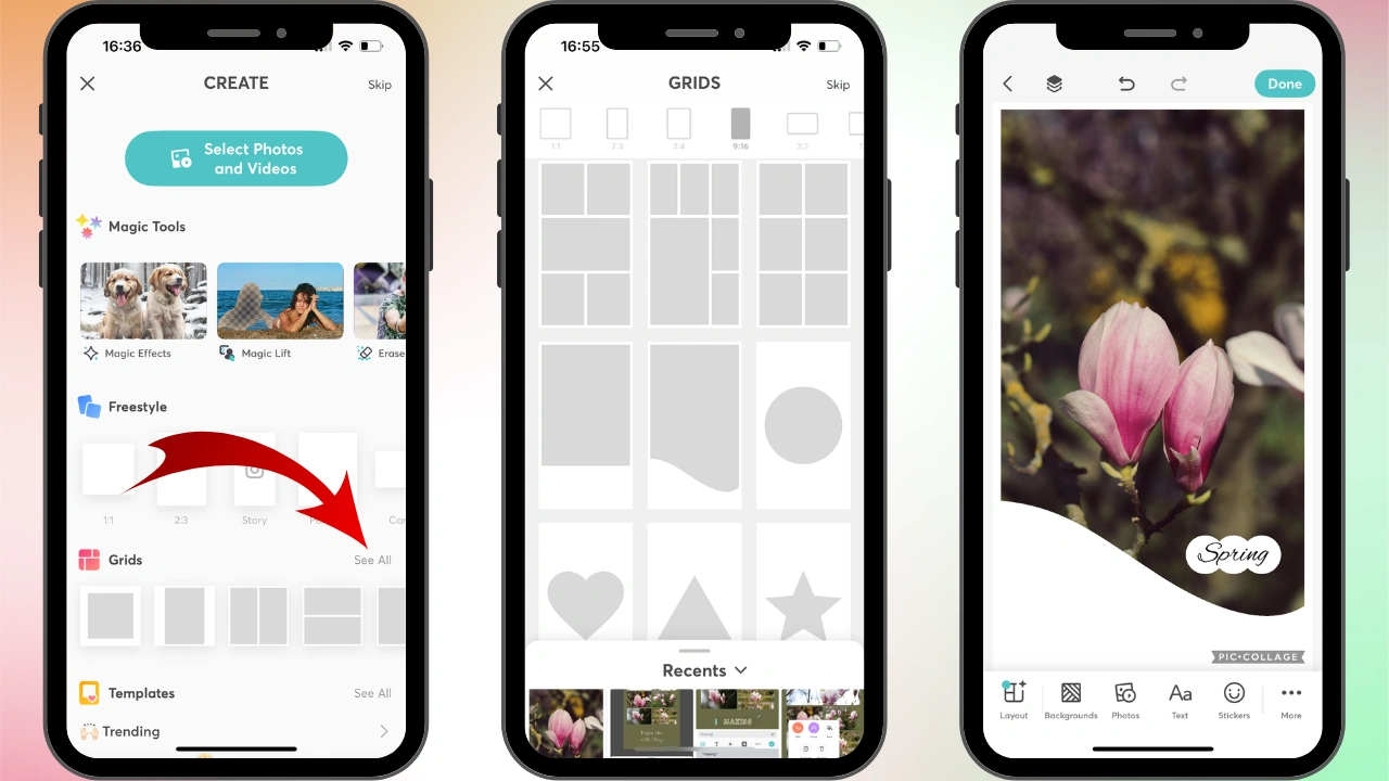 Интерфейс PicCollage: выбор фотографий, сеток и редактор коллажа