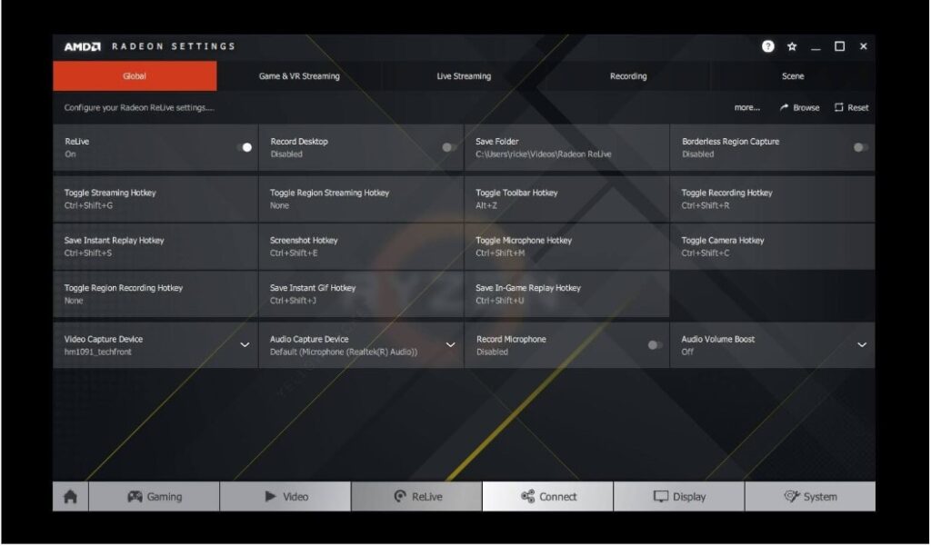 Интерфейс Radeon ReLive в AMD Software
