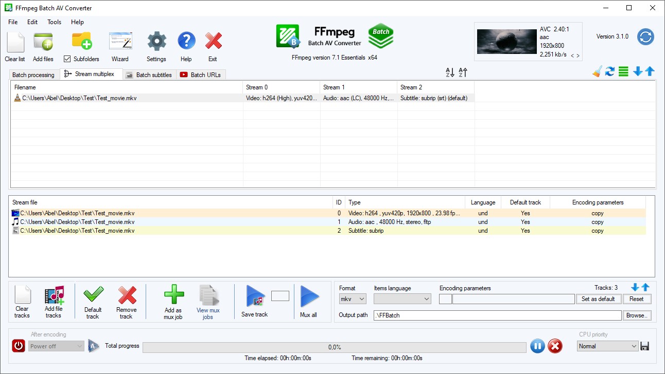 Вкладка Stream multiplex в FFmpeg Batch AV Converter с дорожками видео, аудио и субтитров