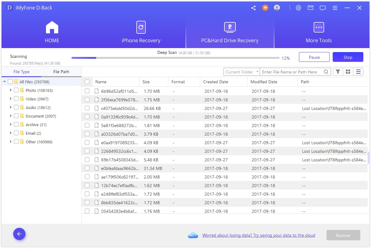 Сканирование накопителя в компьютерном модуле iMyFone D-Back