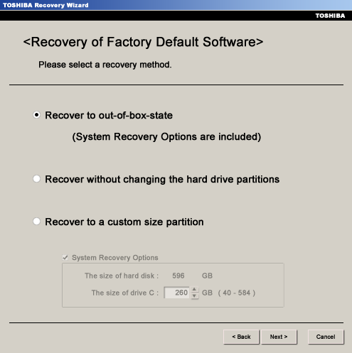 Выбор Recover to out-of-box state в Toshiba Recovery Wizard