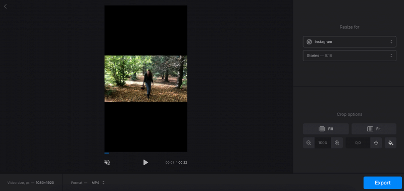 Выбор вертикального пресета 9:16 и режима Fill в Clideo