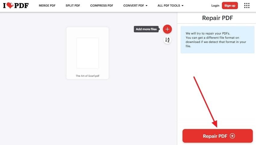 Кнопка Repair PDF в iLovePDF