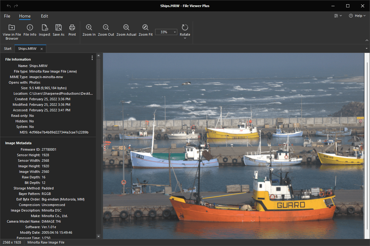 File Viewer Plus с открытым MRW, превью изображения и метаданными