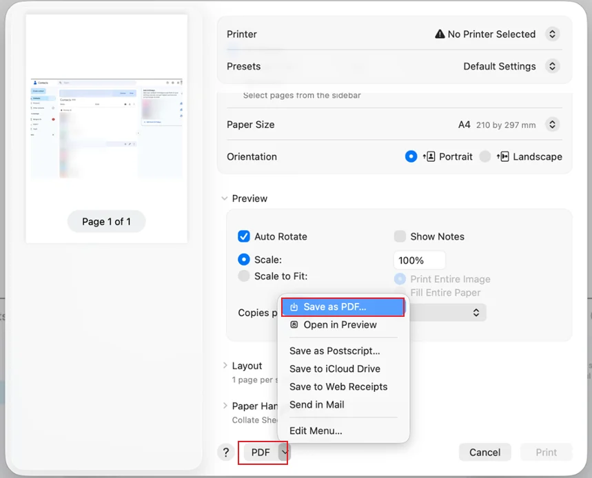 Меню PDF в системном окне печати macOS