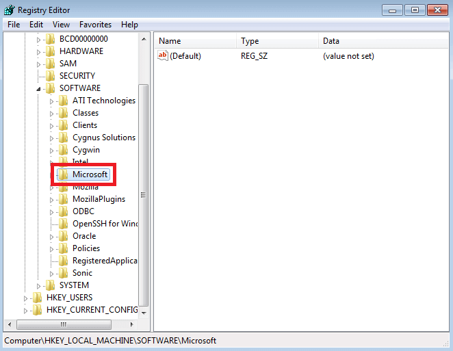Редактор реестра Windows 7 с раскрытым разделом HKEY_LOCAL_MACHINE\SOFTWARE