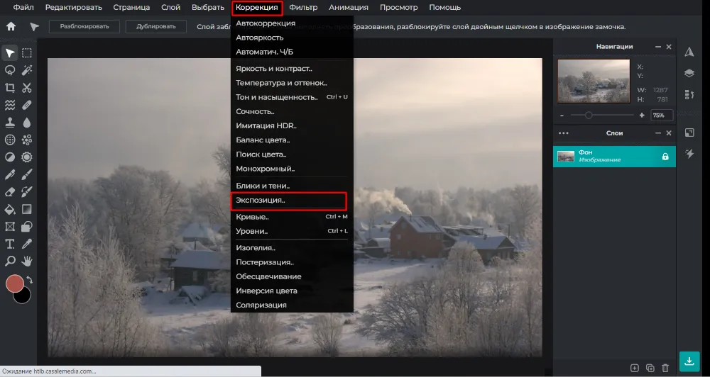 Команда экспозиции в браузерном редакторе Pixlr
