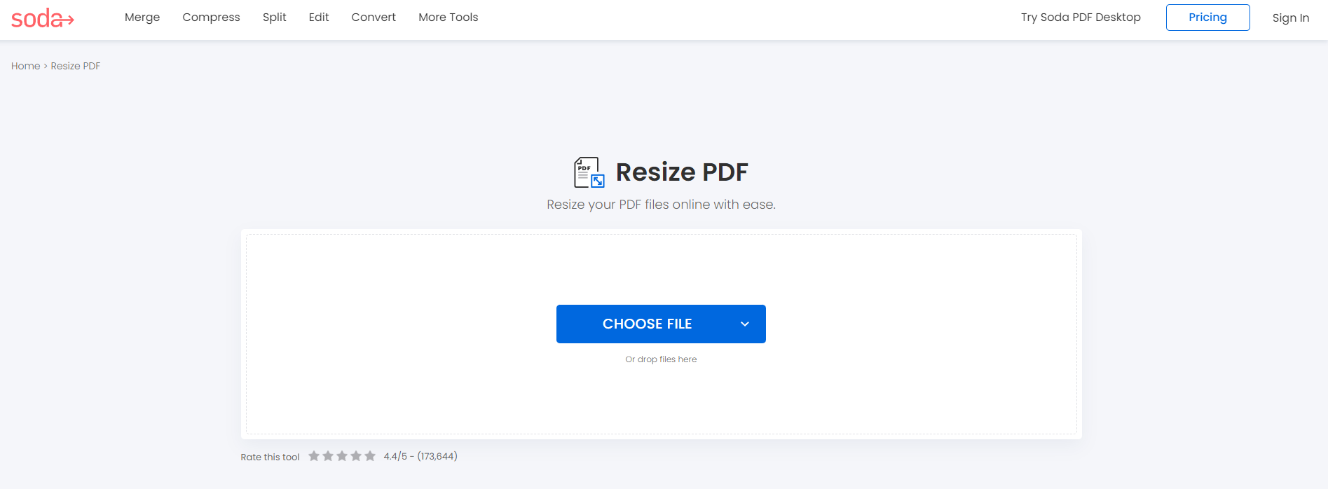 Интерфейс Soda PDF для изменения размера страниц