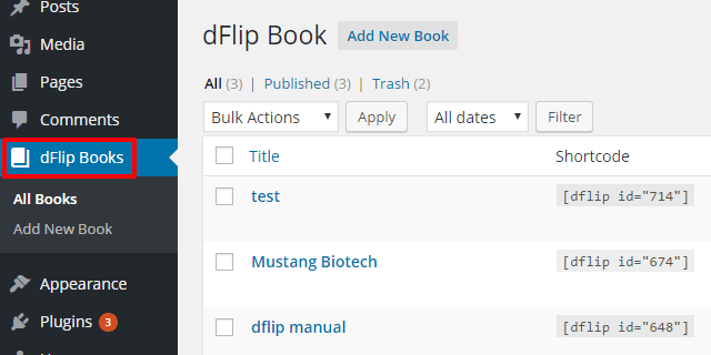 Раздел dFlip Books в панели WordPress