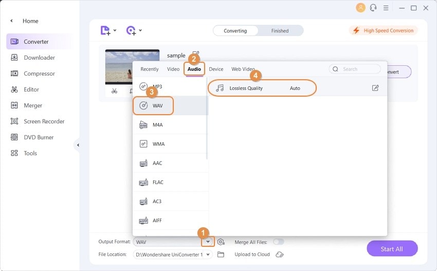 Выбор WAV как выходного формата в Wondershare UniConverter