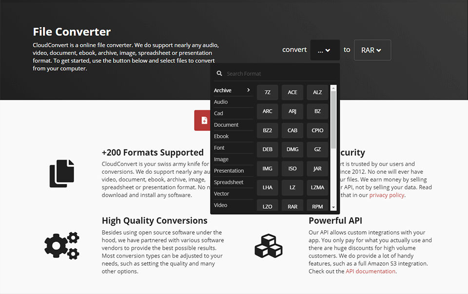 Интерфейс CloudConvert