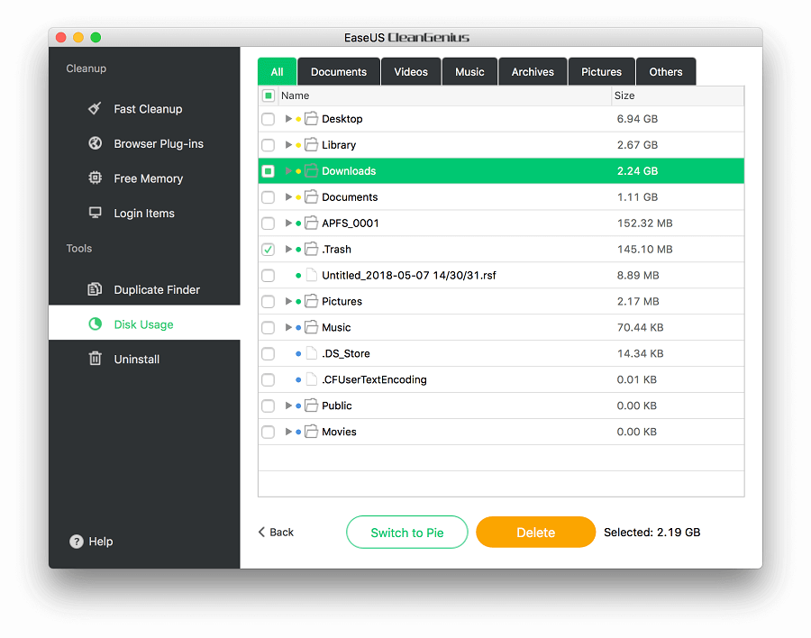 Раздел Disk Usage в EaseUS CleanGenius для Mac с вкладками типов файлов и кнопками Switch to Pie и Delete