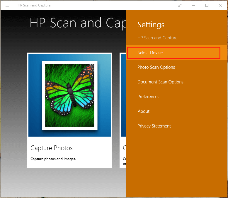 Панель Settings в HP Scan and Capture с пунктами Select Device, Photo Scan Options, Document Scan Options и Preferences