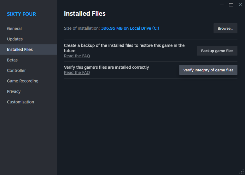 Раздел Installed Files в Steam с кнопкой Backup game files