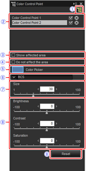 Retouch Palette с настройками Color Control Point: список точек, Show affected area, Color Picker, Color model и ползунки