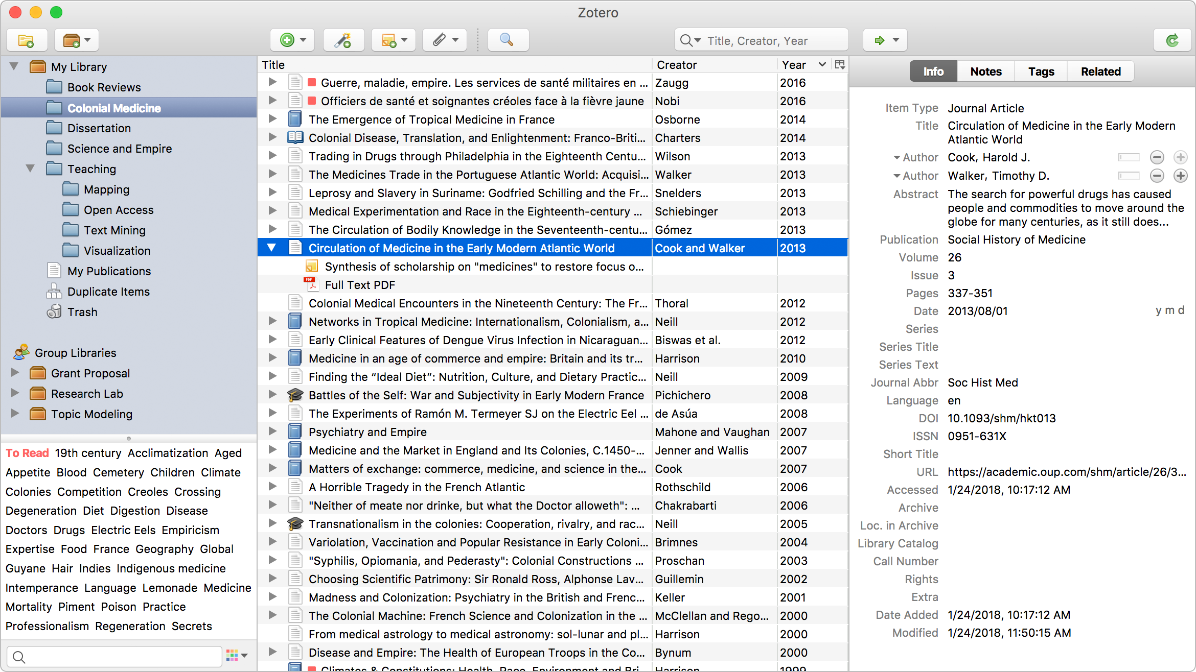 Интерфейс Zotero с библиотекой источников и PDF-вложениями
